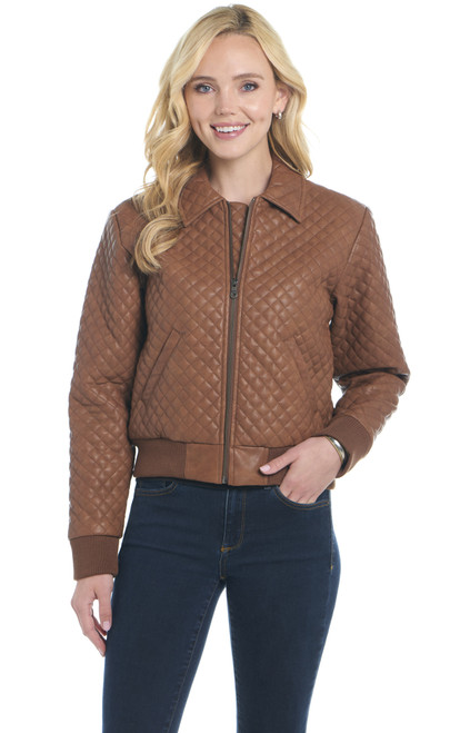 Zip Front Diamond Quilted Faux Leather Jacket W/ Tonal Knit Cuff And Band (CW10817-F26)