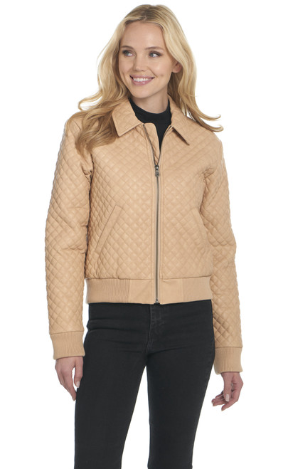 Zip Front Diamond Quilted Faux Leather Jacket W/ Tonal Knit Cuff And Band (CW10817-F26)