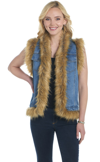 Stonewashed And Sandblasted Open Front Denim Vest W/ Faux Fur Trim (CW11067-F25)