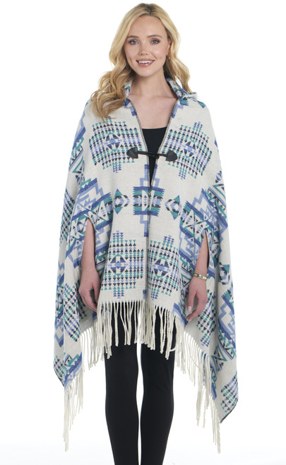 Navajo Open Front Blanket Wrap Hooded Poncho W/ Fringe (CR15449-F25)