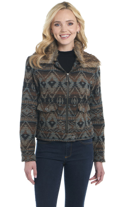 Navajo Blanket Zip Front Jacket W/ Faux Fur Removable Collar (CR18649-F25)