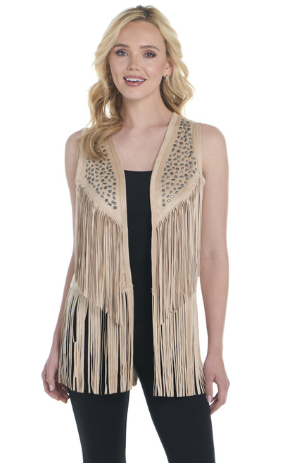 Open Front Double-Faced Microsuede Vest W/ Ornate Stud Detail And Fringe (CR19125-F25)