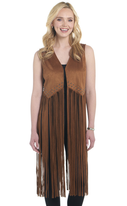Open Front Double-Faced Microsuede Crop Vest W/ Stud Detail And Fringe (CR19225-F25)