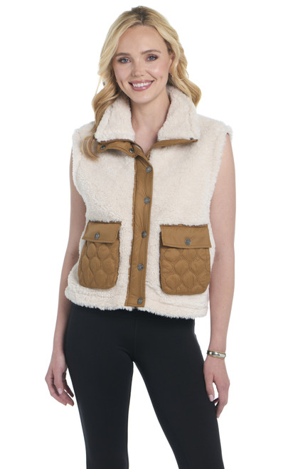 Snap/Zip Front Faux Shearling Vest W/ Quilted Design Top-Stitch Detail (CR19305-F25)