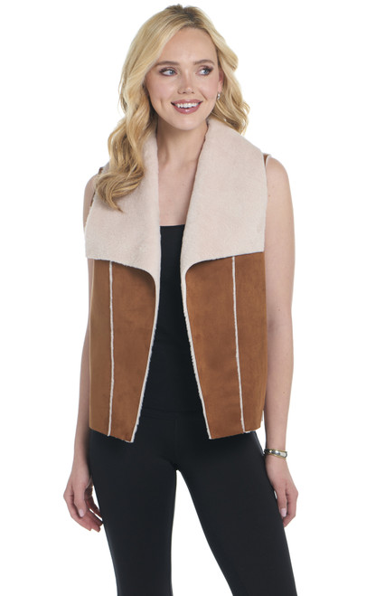Open Front Faux Shearling Vest W/ Raw Edging And Oversized Lapels (CR19525-F25)
