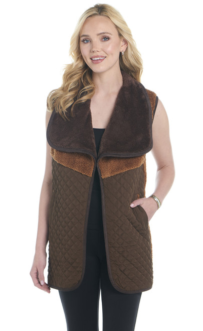 Open Front Faux Shearling, Mixed Fabric Vest W/ Diamond Quilting Detail And Microsuede Trim (CR19707-F25)