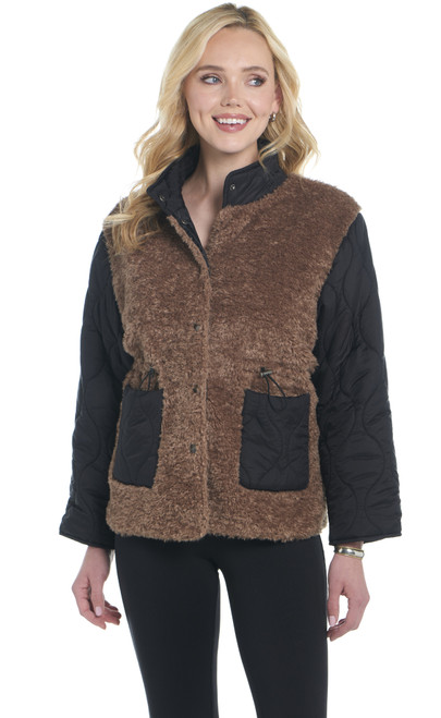 Snap Front Faux Fur, Mixed Fabric Jacket W/ Quilted Design Top-Stitch Detail (CR19808-F25)