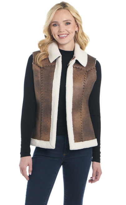 Open Front Faux Shearling Vest W/ Hand Lacing (CR18947-F26)