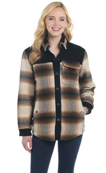 Two-Toned Snap Front Plaid Blanket Shirt Jacket W/ Micro-Cord Yoke, Trim And Faux Fur Lining (CW10249-F26)