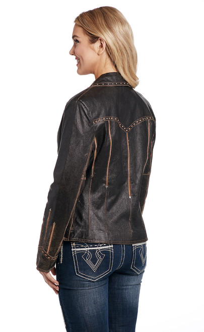 Studded, Hand Laced & Sanded Snap Front Jacket With Contrast