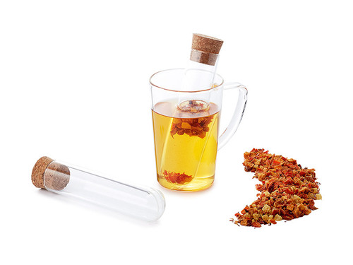 Borosilicate glass strainer with a cork stopper. Good for tea