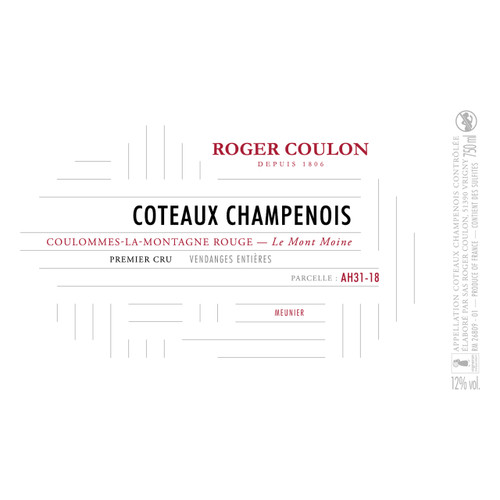 Roger Coulon Coteaux Champenois Rouge Meunier, Coulommes la Montagne 1er Cru "Le Mont Moine" 2020 1.5L