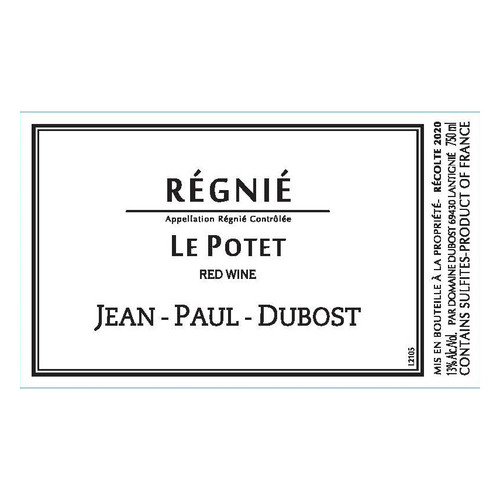Jean-Paul Dubost Régnié "Le Potet" 2021 750ml Jean-Paul Dubost Régnié "Le Potet" 2021 750ml
