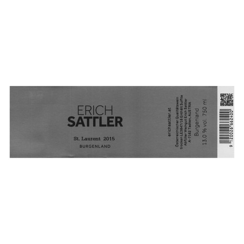 Label/Bottle Shot for the Erich Sattler Burgenland St. Laurent 2020 750ml