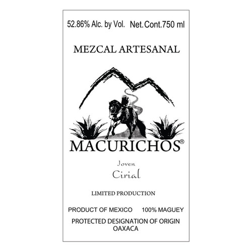 Label/Bottle Shot for the Mezcal Macurichos Limited Prodution Cirial Joven Mezcal Artesanal 100% Maguey NV 750ml