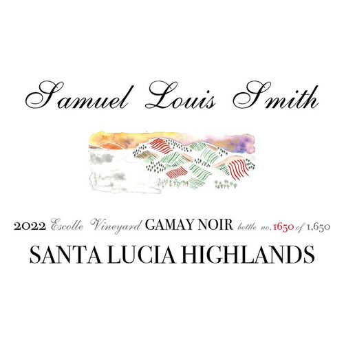 Label/Bottle shot for Samuel Louis Smith Gamay Noir Escolle Vineyard Santa Lucia Highlands 2022 750ml