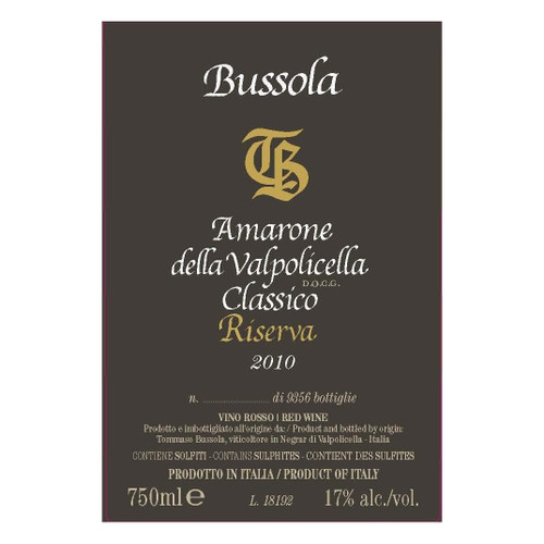 Label/Bottle shot for Tommaso Bussola Amarone della Valpolicella Classico Riserva TB 2012 750ml