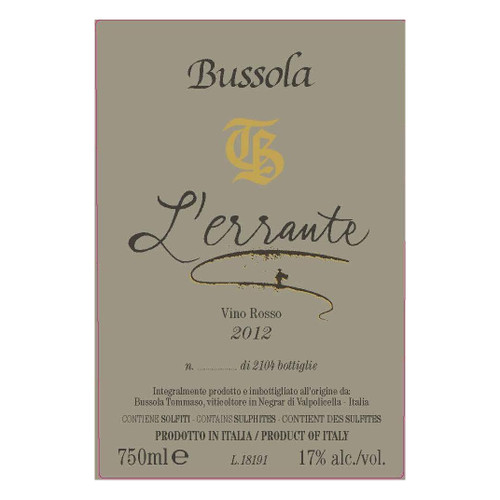 Label/Bottle shot for Tommaso Bussola L'Errante Rosso 2016 750ml