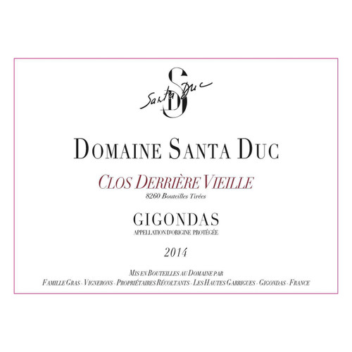 Label/Bottle shot for Domaine Santa Duc Gigondas Clos Derriere Vieille 2019 750ml Label/Bottle shot for Domaine Santa Duc Gigondas Clos Derriere Vieille 2019 750ml
