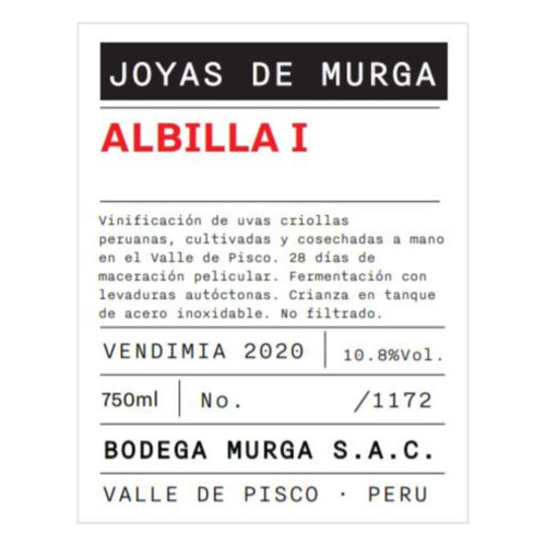 Bodega Murga Joyas De Murga Albilla I Valle de Pisco 2020 750ml Bodega Murga Joyas De Murga Albilla I Valle de Pisco 2020 750ml