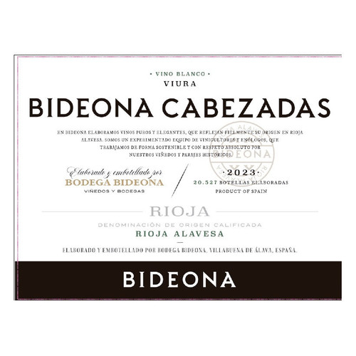 Product image for Bodega Bideona Rioja Alavesa Viura Bideona Cabezadas Vino Blanco 2023 750ml