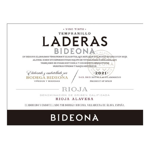 Product image for Bodega Bideona Rioja Alavesa Tempranillo Bideona Laderas Vino Tinto 2021 750ml