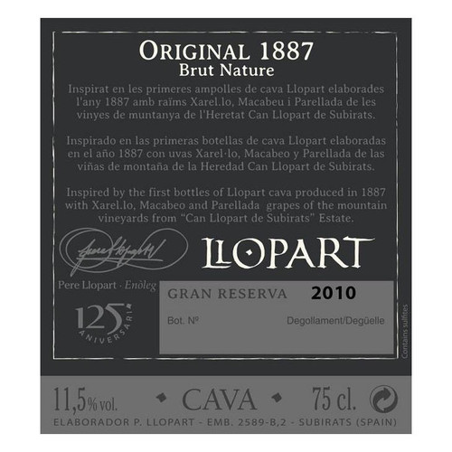 Product image for Llopart Original 1887 Gran Reserva Brut Nature Cava 2011 750ml