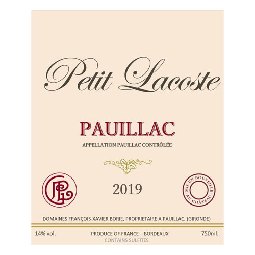 Product image for Petit Lacoste Pauillac 2019 750ml