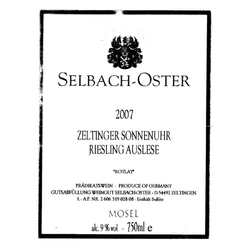 Product image for Selbach-Oster Riesling Rotlay Zeltinger Sonnenuhr Auslese 2024 750ml