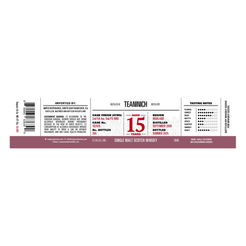 Product image for Single Cask Nation 15 Years Old Teaninich 2nd Fill American Oak PX HHD Cask #162426 Single Malt Scotch Whisky 2009 700ml