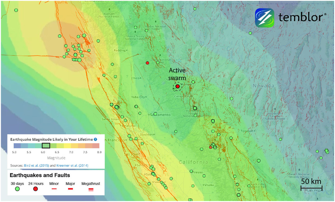 In progress seismic swarm west of Reno, Nevada