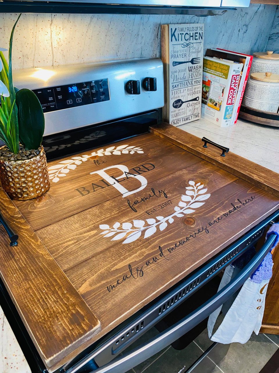 Wooden Stovetop Cover Noodle Board. Engraved Oven Cover