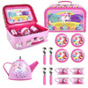 SOKA Unicorn Metal Tin Teapot Set with Carry Case Toy for Kids - 18 Pcs Illustrated Colourful Design Toy Tea Party Set for Boys and Girls Pretend Role Play