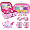 SOKA Unicorn Metal Tin Teapot Set with Carry Case Toy for Kids - 18 Pcs Illustrated Colourful Design Toy Tea Party Set for Boys and Girls Pretend Role Play