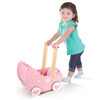 SOKA Wooden Push Along Pink Princess Doll Pram for Boys and Girls Pretend Play with Non-Slip Rimmed Wheels