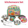 SOKA Dinosaur Metal Kids Kitchen Set with Carry Case - 10 Pcs Illustrated Colourful Design Pretend Role Play Toy Pots and Pans Set Toy Kitchen Accessories for Children Boys Girls 