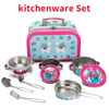 SOKA Llama Metal Kids Kitchen Set with Carry Case - 10 Pcs Illustrated Colourful Design Pretend Role Play Toy Pots and Pans Set Toy Kitchen Accessories for Children Boys Girls 