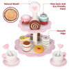 SOKA Wooden Dessert Cake Stand with Muffins Cakes Donuts Dessert Tower Afternoon Tea Party Pretend Play Pink 18PCS Wooden Tea Set Playset Role Play for Girls Kids Children 3 years old +