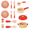 SOKA Wooden Kitchen Red 14PC Cooking Set Interactive Pretend Role Playset Early Developmental Kitchen Miniature Educational Preschool Learning Toy for Children Kids Girls Ages 3 year old +