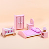 SOKA Wooden Pink Bedroom Playset Pretend Play Doll House Furniture Set Realistic Miniature Display Model Figures Bed Wardrobe Dressing Table Crib for Kids Children Girls Ages 3 year old +