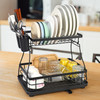 Vinsani Black Dish Drainer Rack 2-Tier Modern Detachable Drying Rack with Auto Drainage System Drip Tray Board Removable Cutlery Holder, Minimalist Dish Draining Rack for Kitchen Sink Countertop