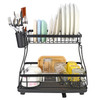 Vinsani Black Dish Drainer Rack 2-Tier Modern Detachable Drying Rack with Auto Drainage System Drip Tray Board Removable Cutlery Holder, Minimalist Dish Draining Rack for Kitchen Sink Countertop