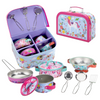 SOKA Kids Kitchenware Metal Set with Carry Case - 10 Pcs Illustrated Colourful Design Pretend Role Play Toy Pots and Pans Set Toy Kitchen Accessories for Kids Children Boys Girls