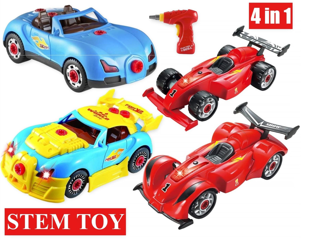 Soka 4 In 1 Sports Racing Car Stem Toy Set 54 Take Apart Pieces Build Your Own Car Toy For Kids With Tool Drill Lights And Sounds Vinsani Ltd