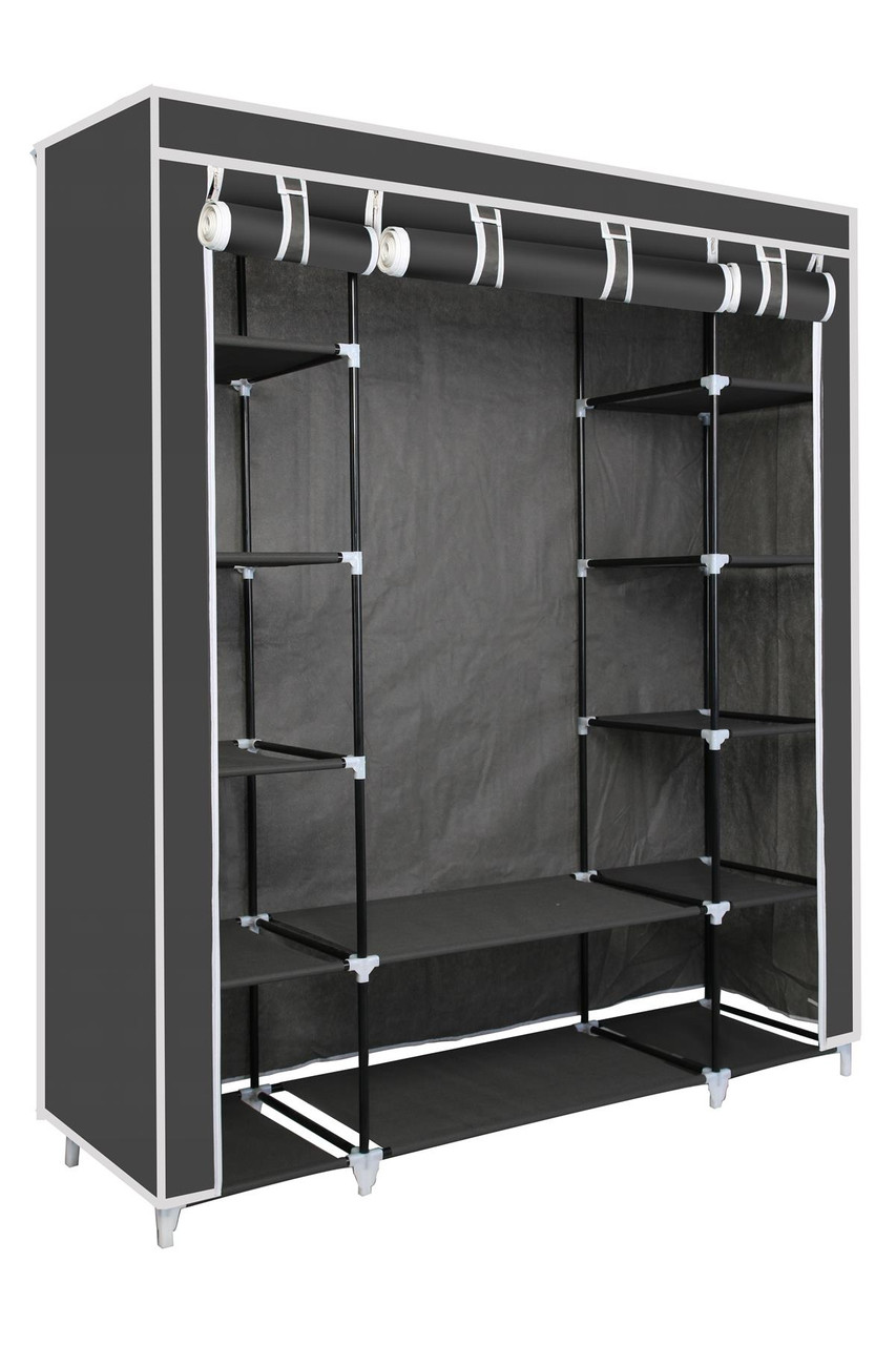 Vinsani Triple Canvas Clothes Cupboard Hanging Rail With Storage