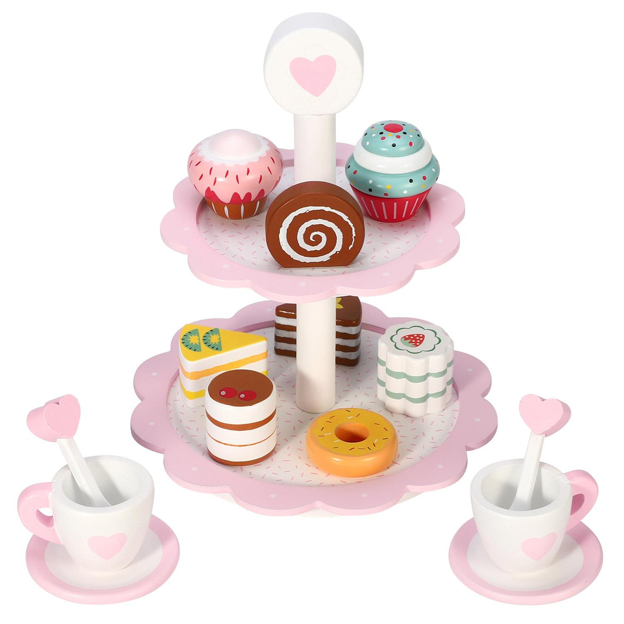 SOKA Wooden Dessert Cake Stand with Muffins Cakes Donuts Dessert Tower Afternoon Tea Party Pretend Play Pink 18PCS Wooden Tea Set Playset Role Play