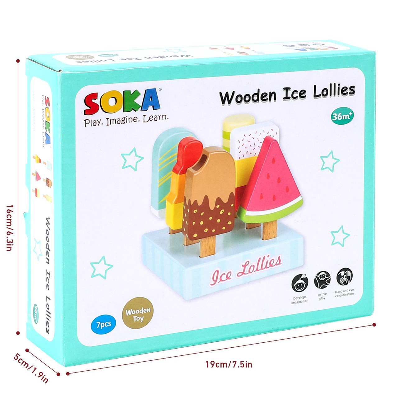 SOKA Wooden Ice Lollies 7 Pieces Ice Cream Popsicle Selection Pretend Play Set Colourful Variety