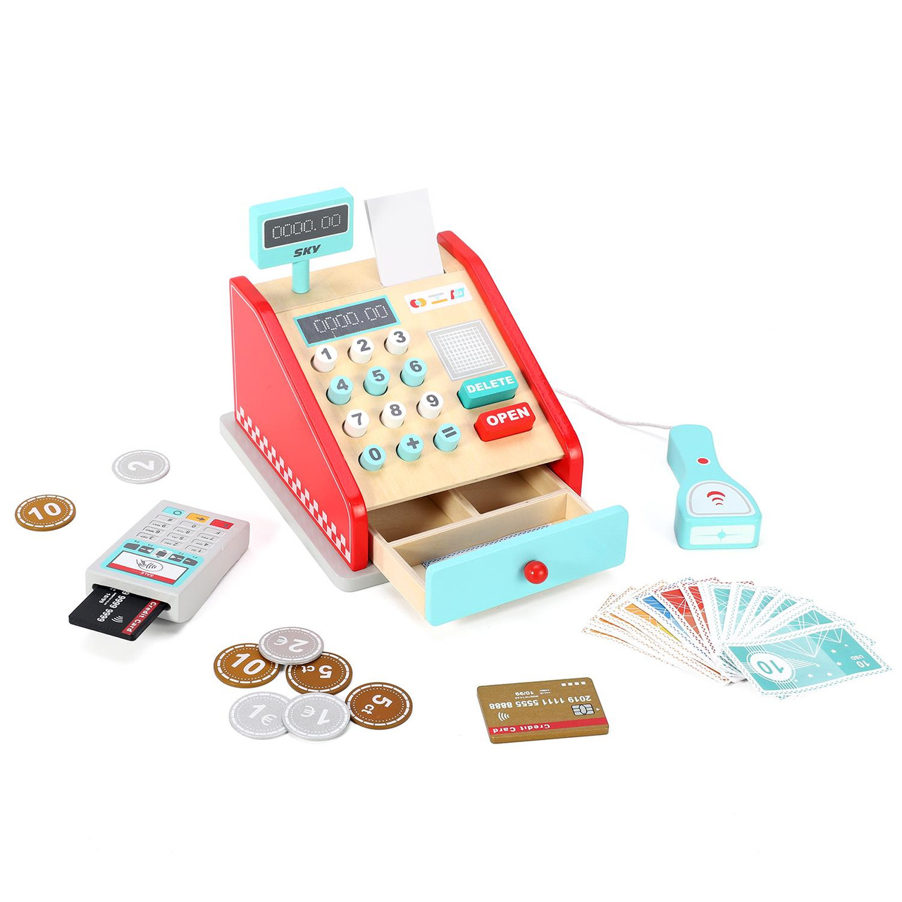 SOKA Cash Register Red and Mint Wooden Classic Cashier Role Play  Supermarket Shopping Checkout Money Till Toy Educational Learning Pretend  Playset for