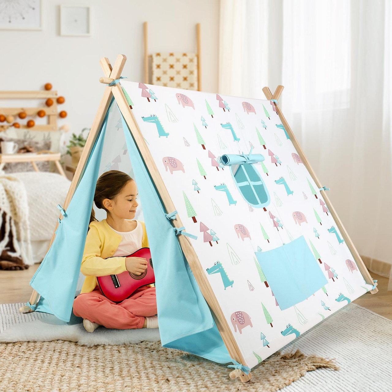 SOKA Camping Countryside Teepee Tent for Kids Children Boys Girls Toddler  Indoor Outdoor Foldable Play Tent Tipi Cotton Canvas Dinosaur Playhouse for 