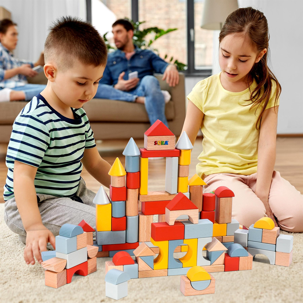 SOKA 100 pcs Wooden Building Blocks Neutral Coloured Shape Bricks ...